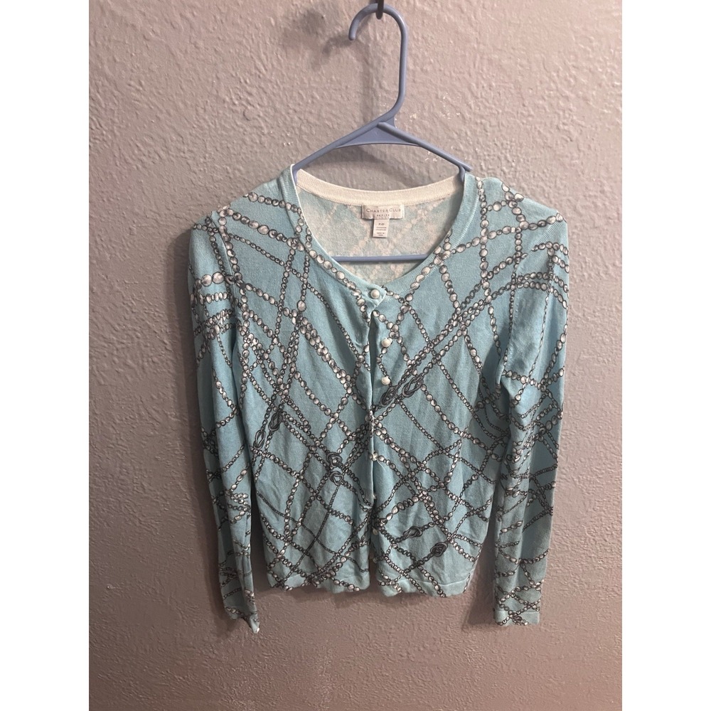 Womens Charter Club Size‎ P/ P Button up Cardigan Blue Gray Chains